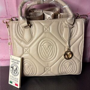 Valentino Orlandi Beige Quilted Vegan Leather Satchel with Gold Logo Charm